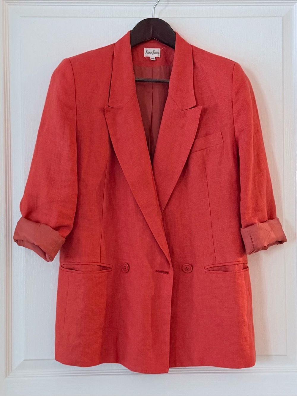 Neiman Marcus Coral-Red Linen Blazer Jacket